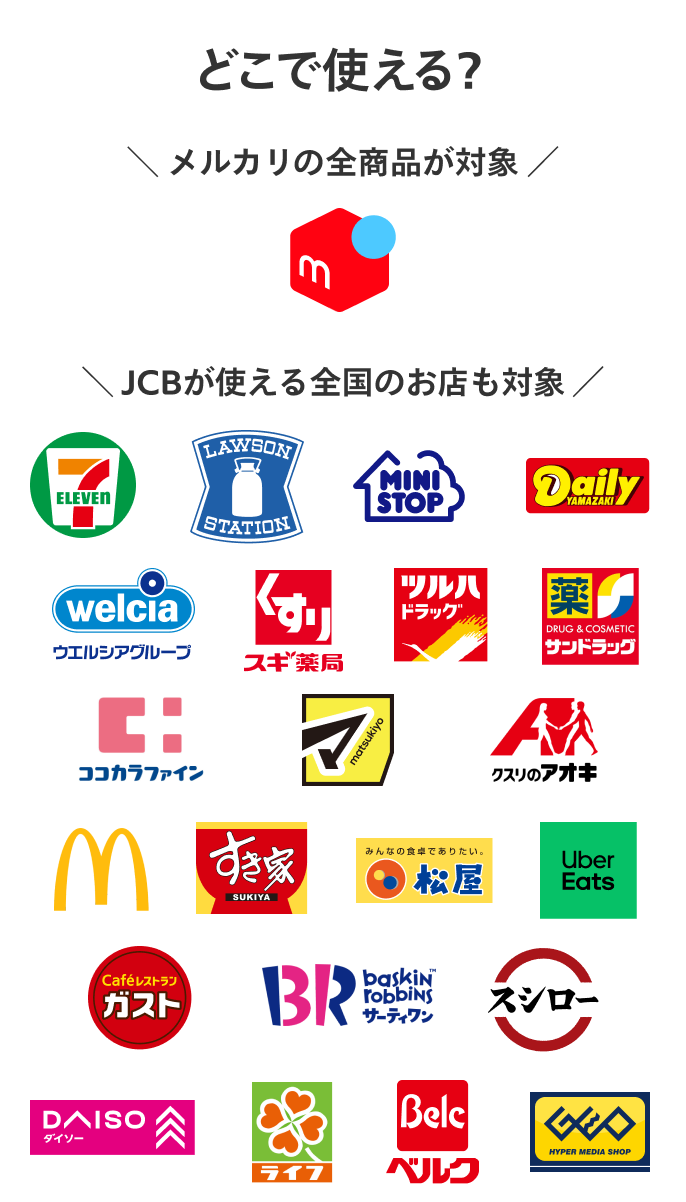 
            どこで使える？
            メルカリの全商品が対象
            JCBが使える全国のお店も対象
          