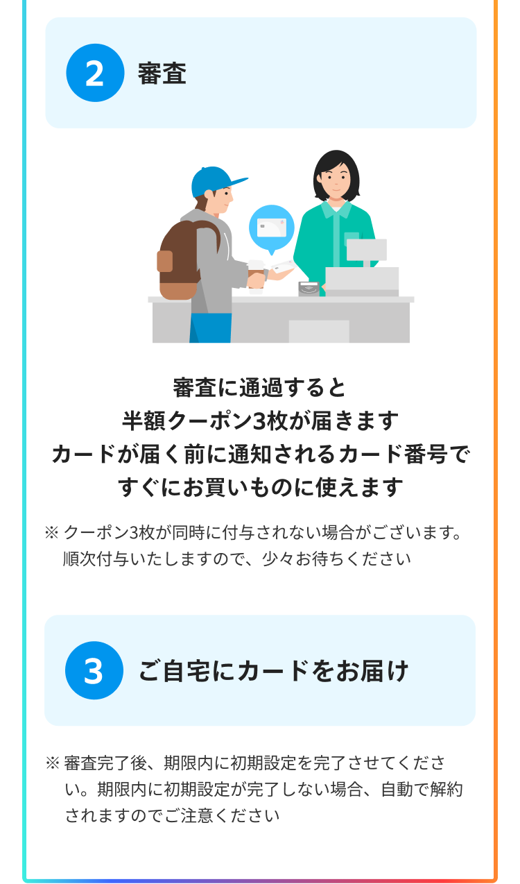 ステップ2 審査 審査に通過すると半額クーポン3枚が届きます カードが届く前に通知されるカード番号ですぐにお買いものに使えます ステップ3 ご自宅にカードをお届け