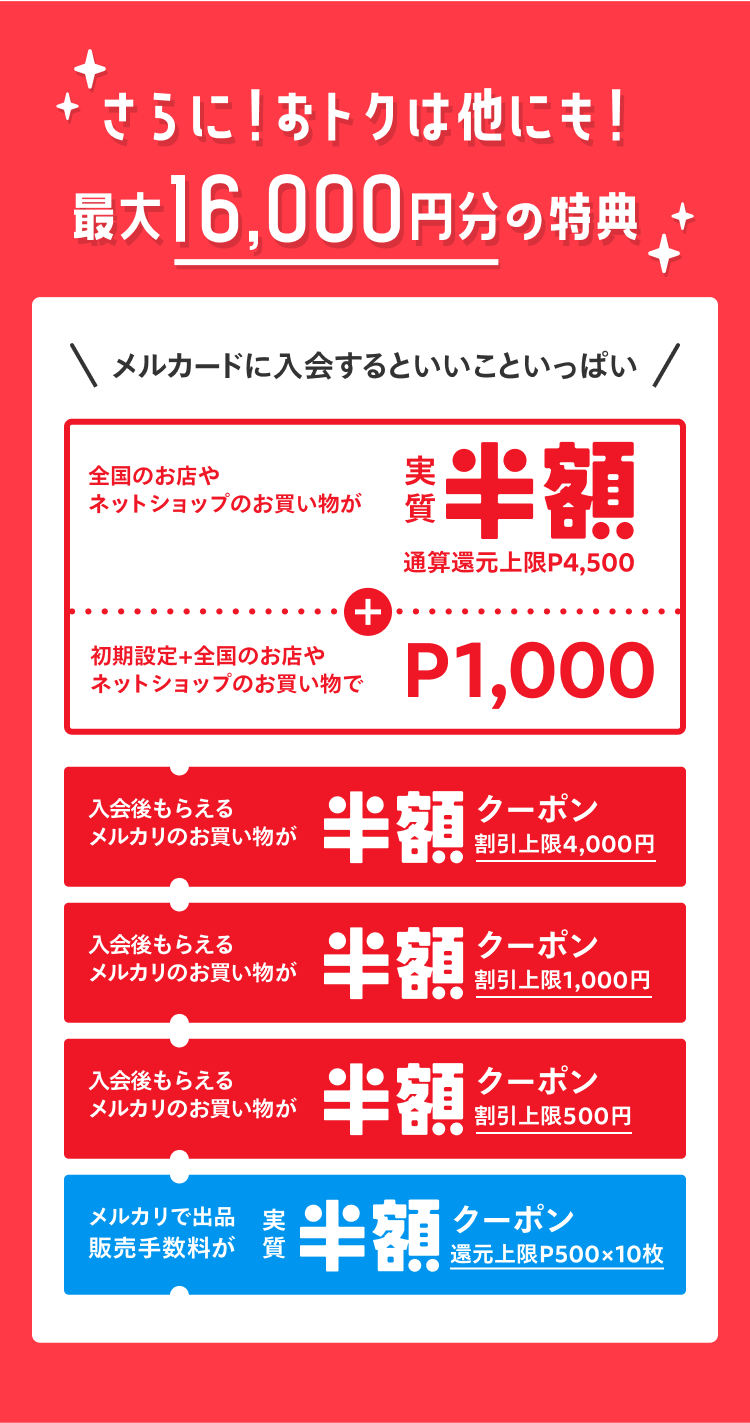 
            さらに！おトクは他にも！
            最大16,000円分の特典
            メルカードに入会するといいこといっぱい
            全国のお店やネットショップのお買い物が
            実質半額 通算還元上限P4,500
            初期設定＋全国のお店やネットショップのお買い物でP1,000
            入会後もらえるメルカリのお買い物が半額クーポン 割引上限P4,000
            入会後もらえるメルカリのお買い物が半額クーポン 割引上限P1,000
            入会後もらえるメルカリのお買い物が半額クーポン 割引上限P500
            メルカリで出品販売手数料が実質半額クーポン 還元上限P500×10枚
          